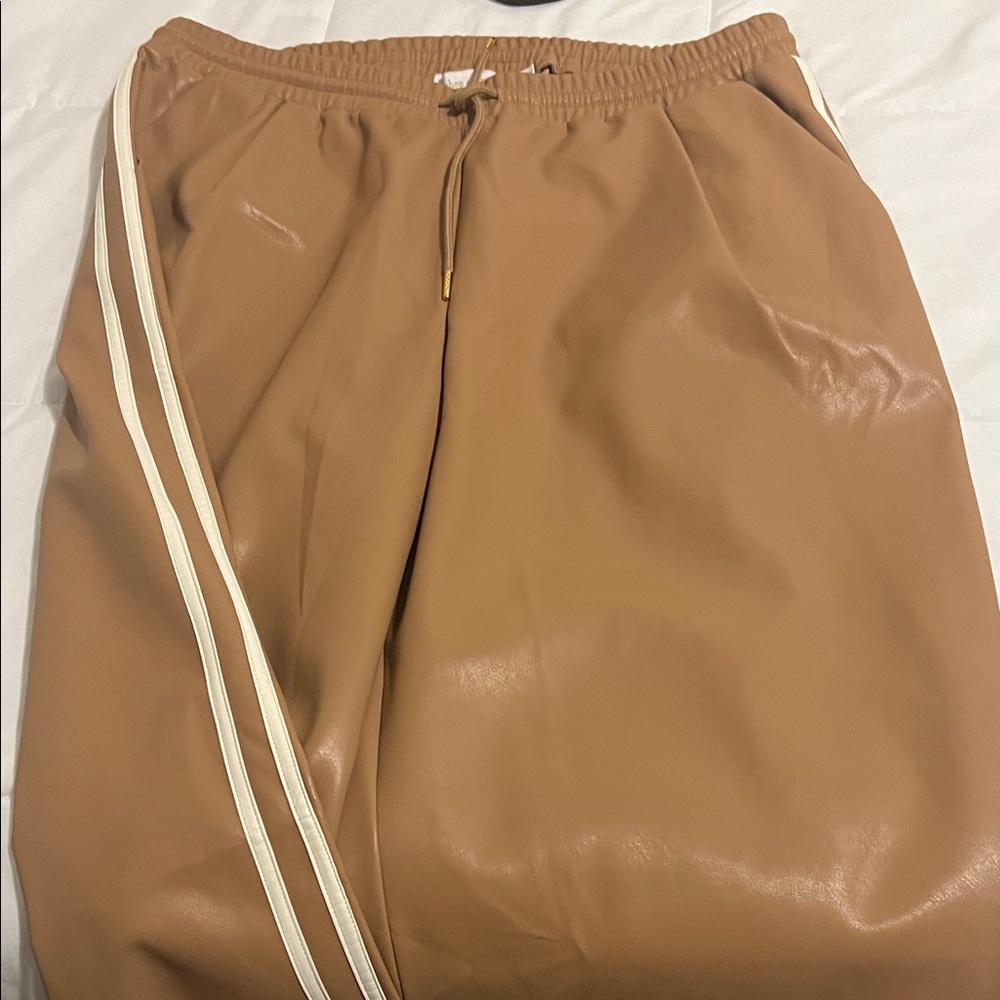 Faux Leather Track Pants with Contrast Stripes - Camel